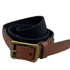 Lands' End Men's Surcingle Belt Black Brown Leather Canvas Stretch Buckle